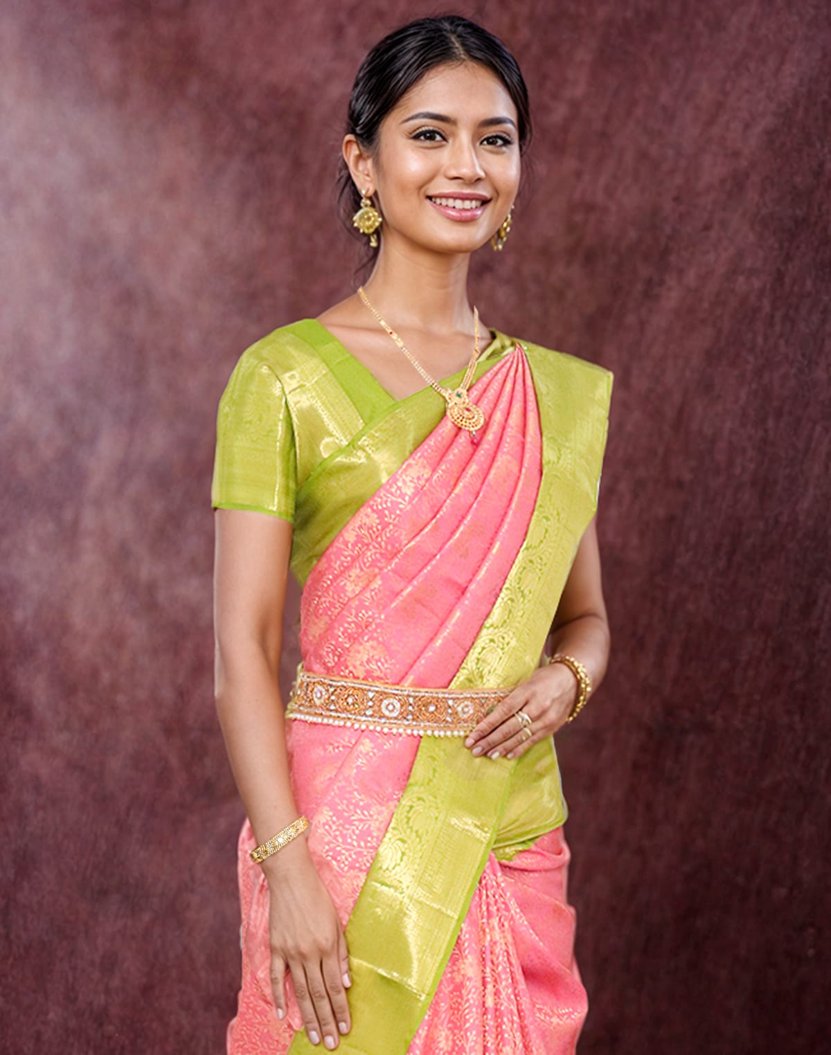 Collection of Elegant Light Pink Kanchi Pattu Pure Silk Saree with Contrast Border in a gallery layout