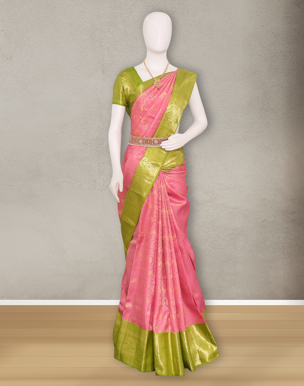 Collection of Elegant Light Pink Kanchi Pattu Pure Silk Saree with Contrast Border in a gallery layout