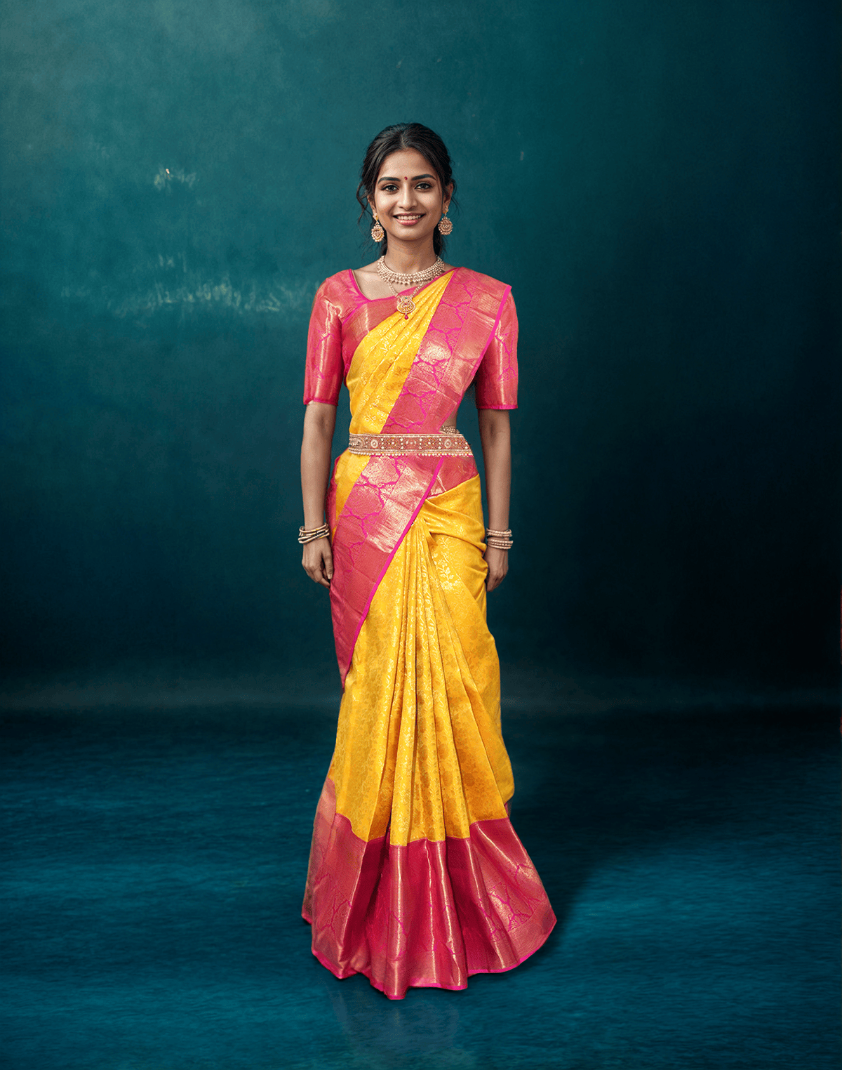 Mustard and Pink Kanchi Pattu Pure Silk Saree