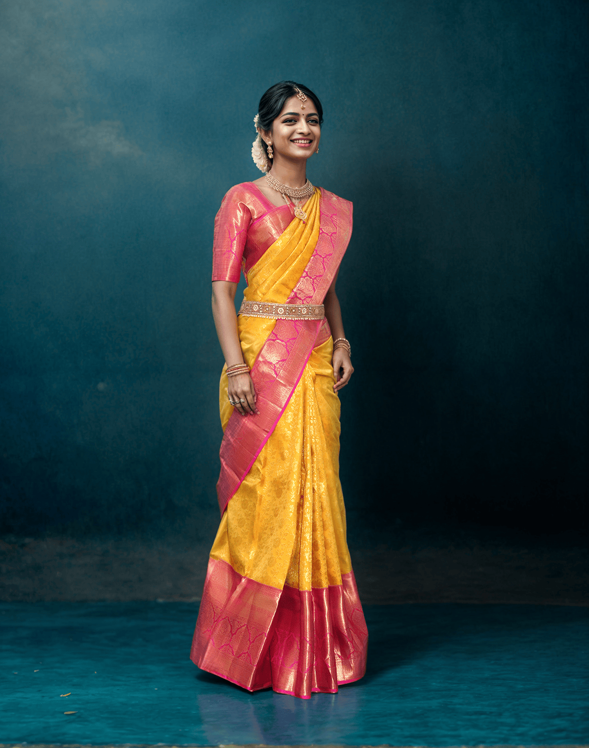 Mustard and Pink Kanchi Pattu Pure Silk Saree