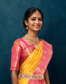 Collection of Mustard and Pink Kanchi Pattu Pure Silk Saree in a gallery layout