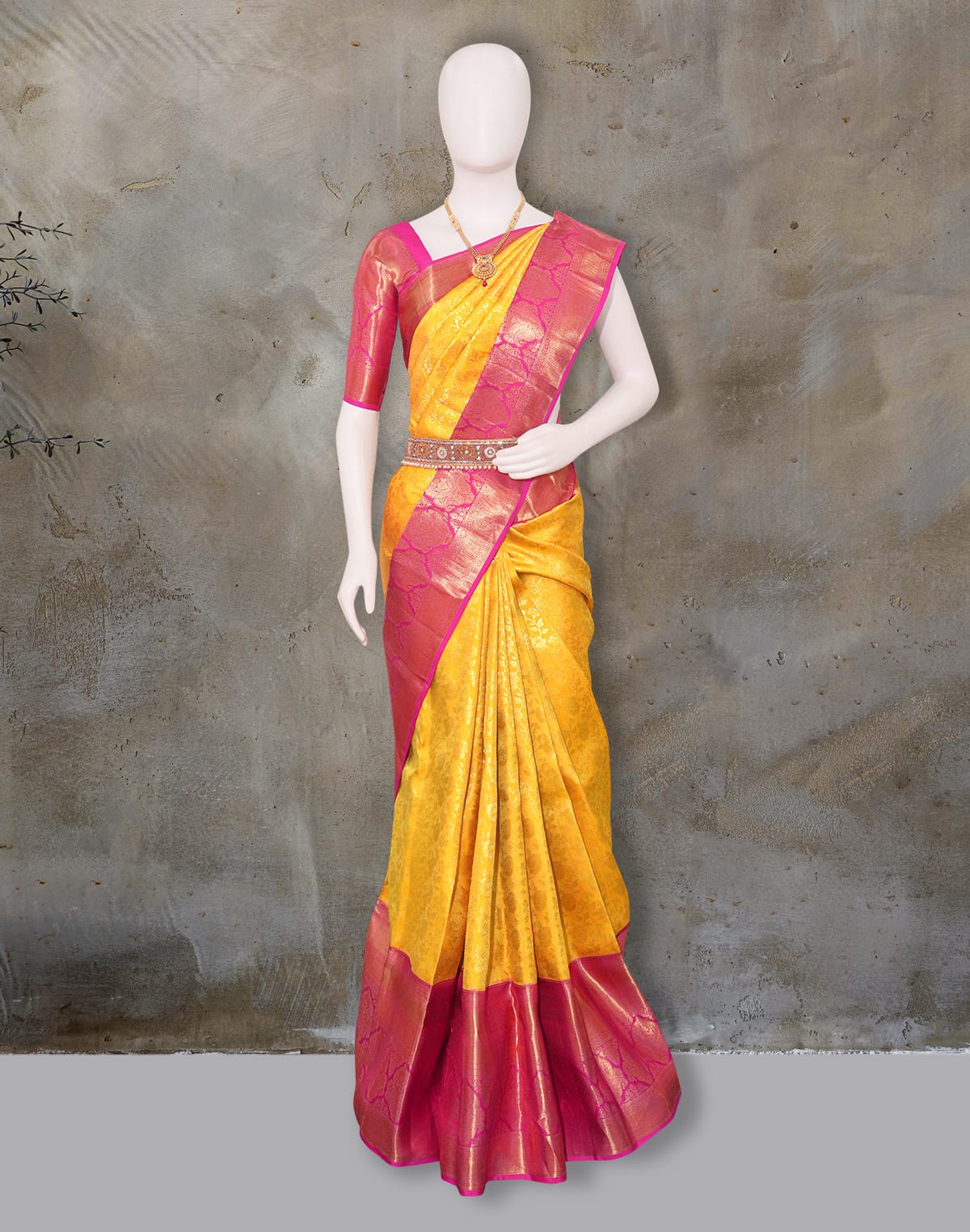 Collection of Mustard and Pink Kanchi Pattu Pure Silk Saree in a gallery layout