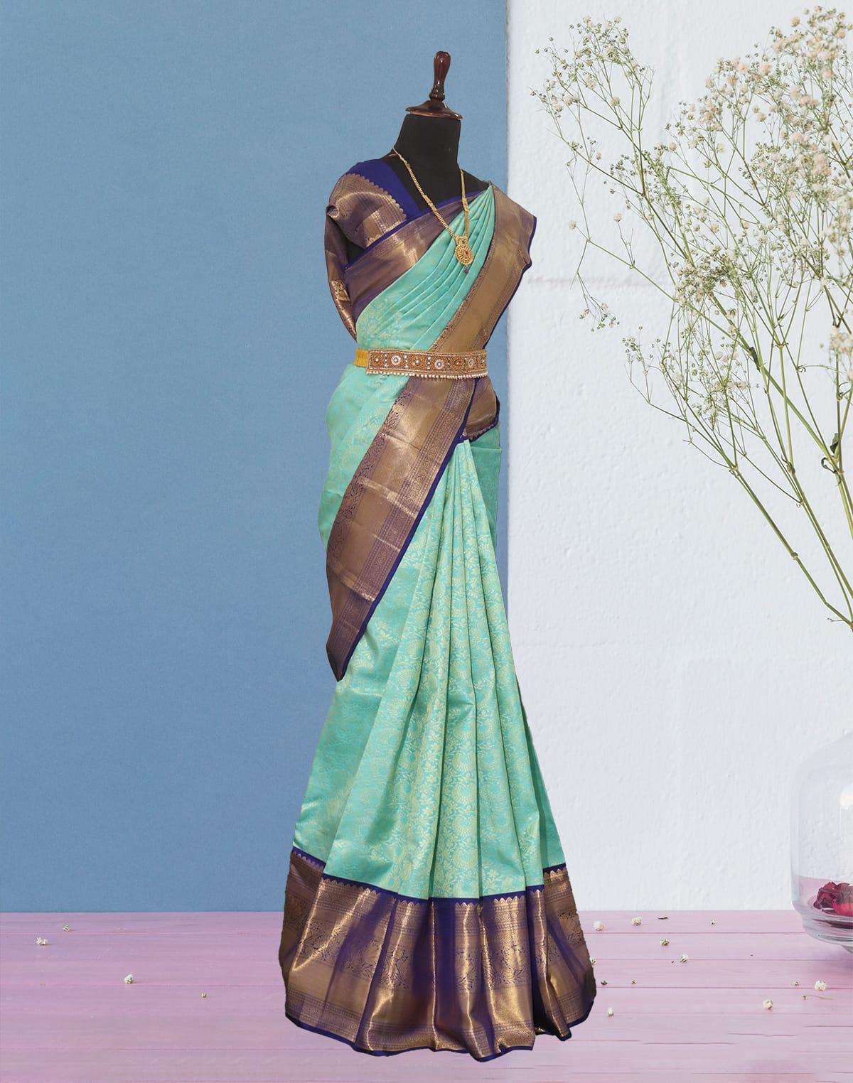 Sea Green Kanchi Pattu Pure Silk Saree with Contrast Border