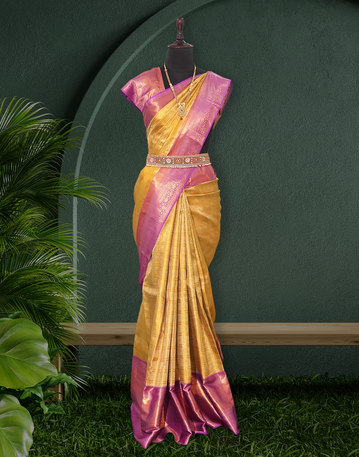 Gold Coloured Tissue Jaal Saree with Contrast skut Border