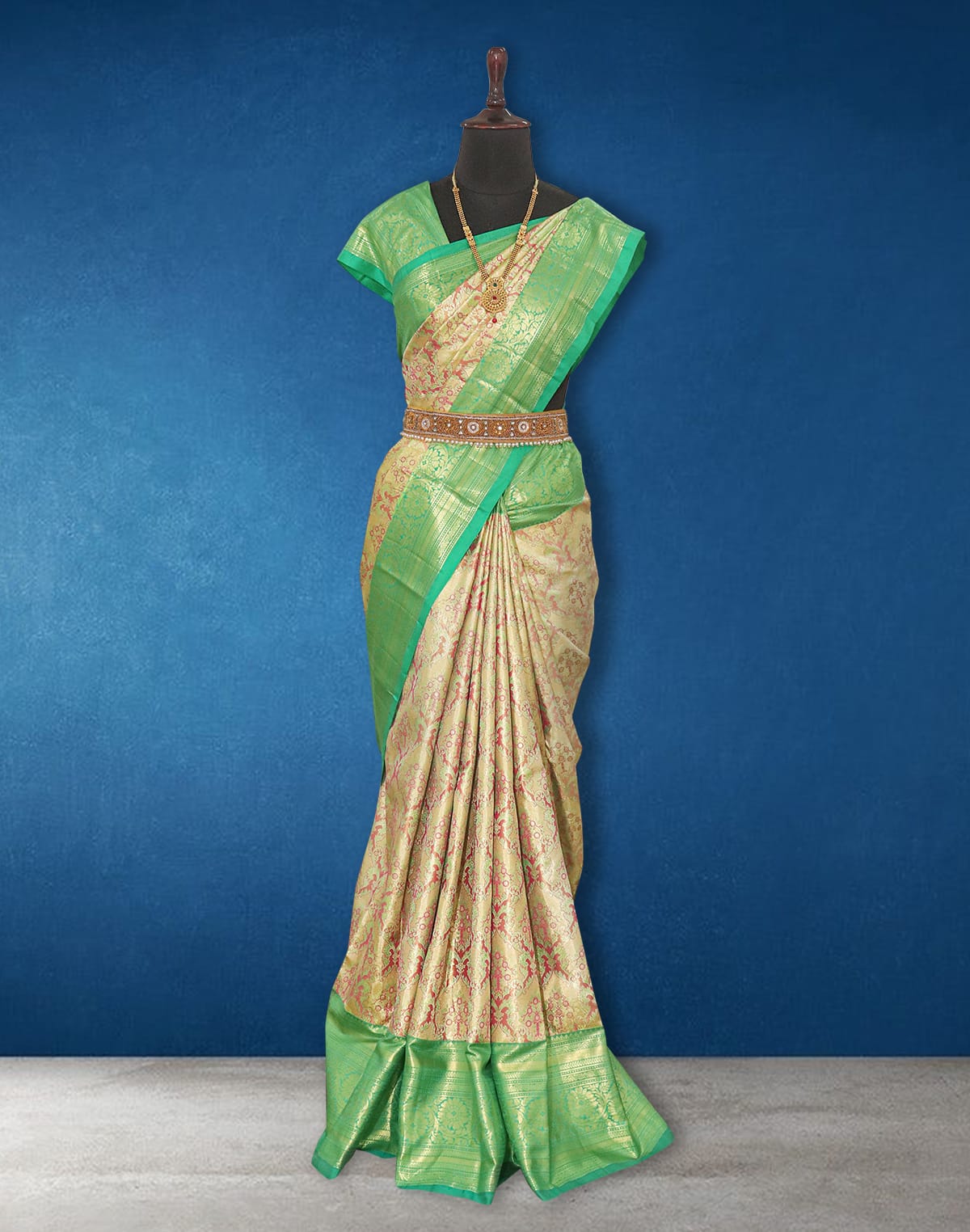 Collection of Light Green Floral Tissue Jaal Kanchi Pattu Pure Silk Saree in a gallery layout