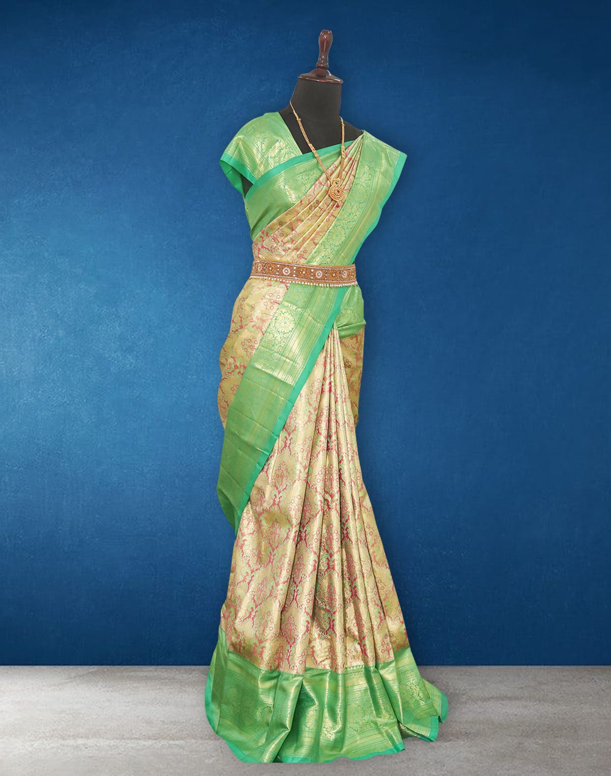 Light Green Floral Tissue Jaal Kanchi Pattu Pure Silk Saree