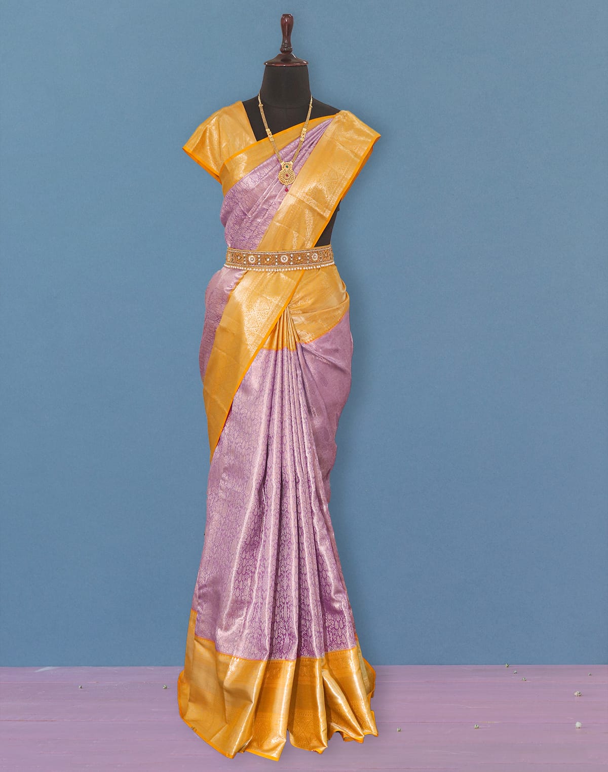 Collection of Light Purple all over Silver Zari Tissue Jaal Saree with Contrast Border in a gallery layout