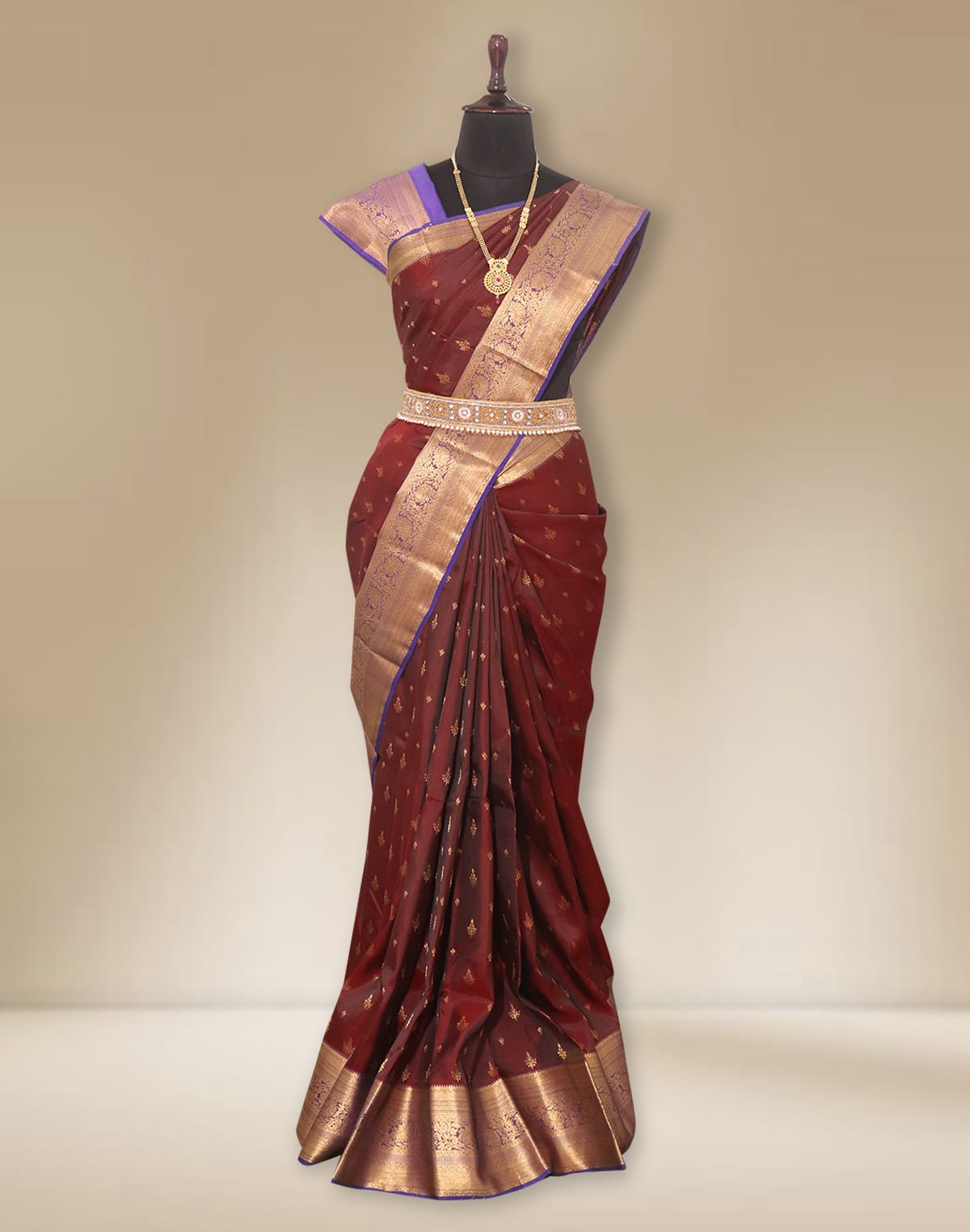 Collection of Maroon Floral Butta light weight Kanchi Pattu Saree in a gallery layout