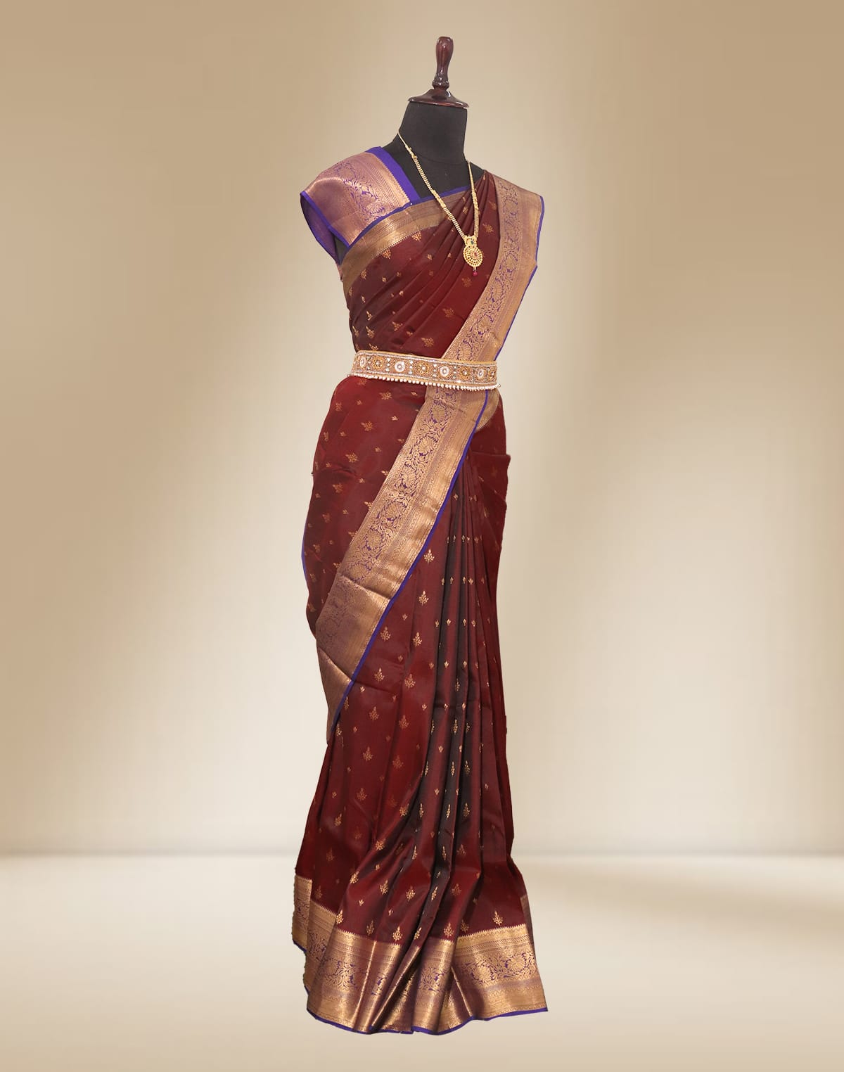 Collection of Maroon Floral Butta light weight Kanchi Pattu Saree in a gallery layout