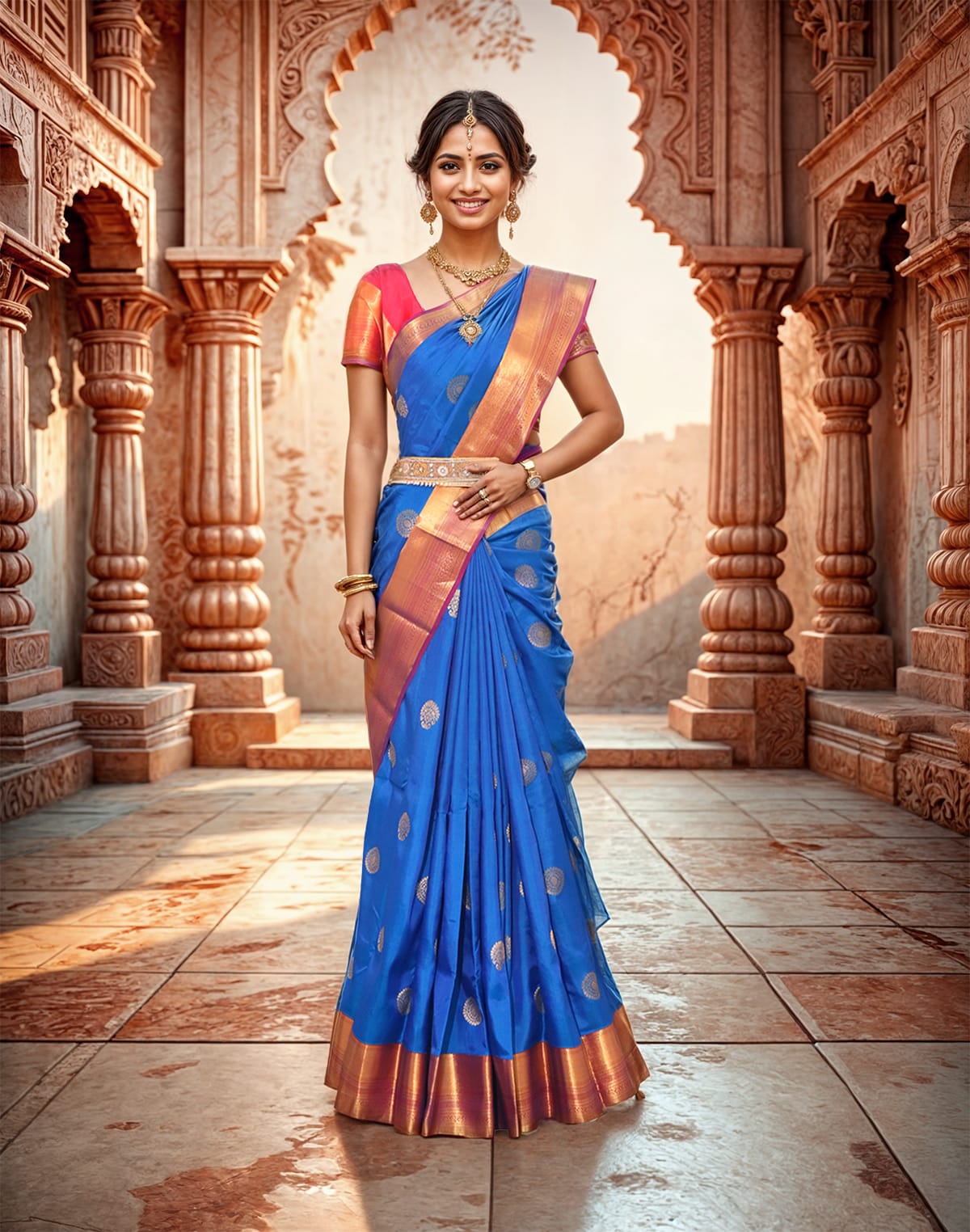 Collection of Royal Blue and Red Color Kanchi Pattu Saree in a gallery layout