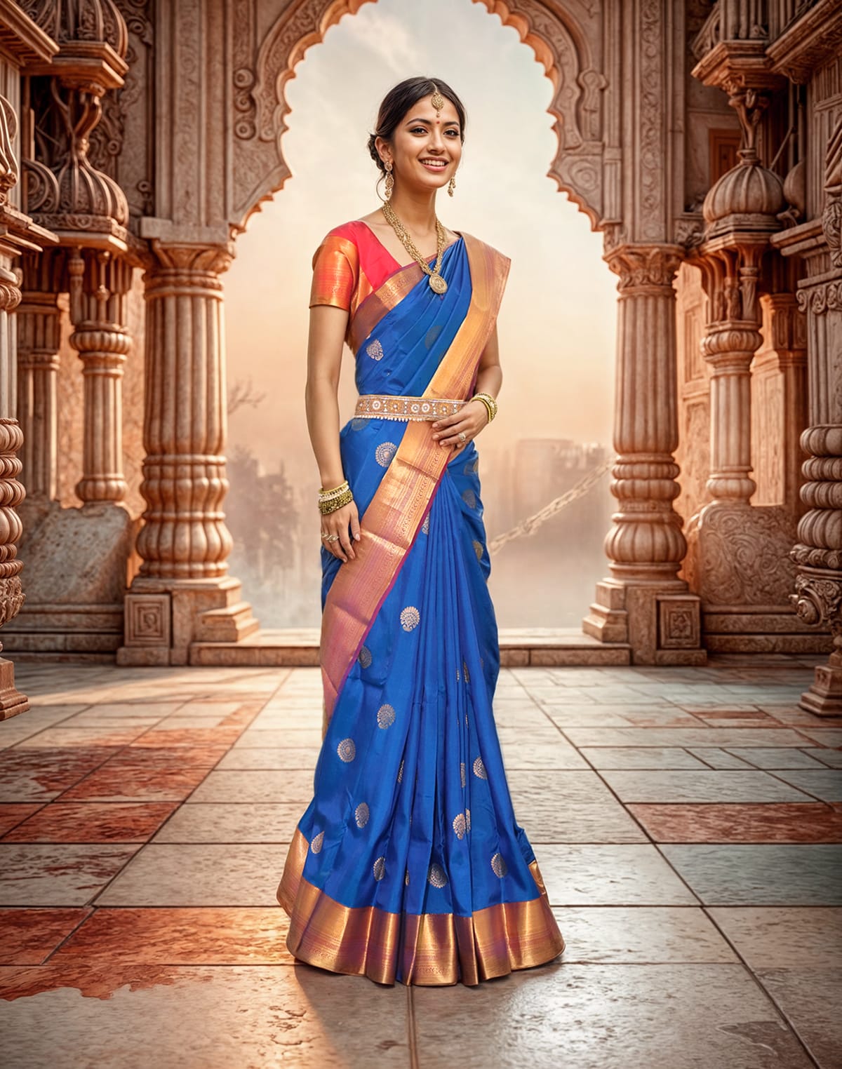 Collection of Royal Blue and Red Color Kanchi Pattu Saree in a gallery layout