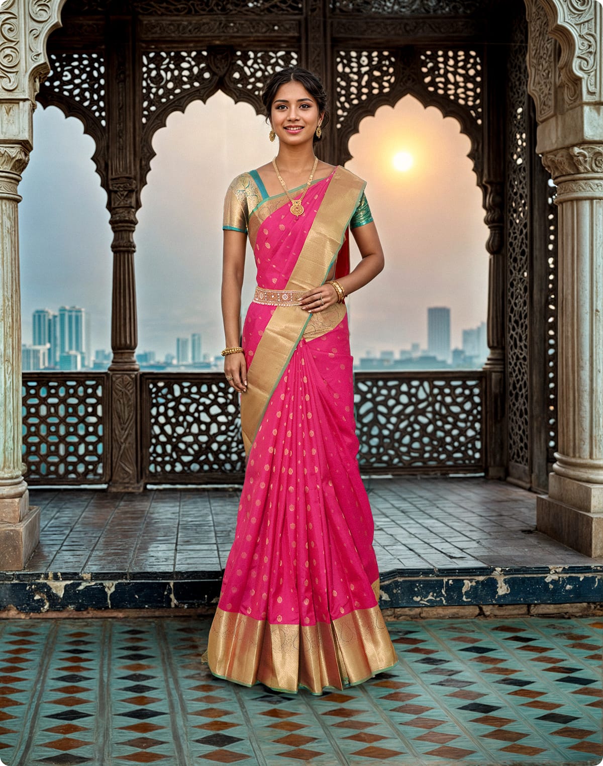 Collection of Floral Zari Butta Pink Kanchi Pattu Silk Saree in a gallery layout