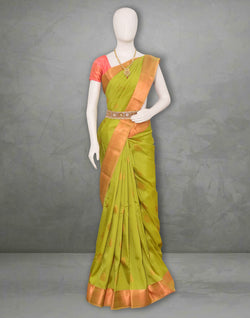 Collection of Parrot Green Butta light weight Kanchi Pattu Saree with Copper Zari Border in a gallery layout