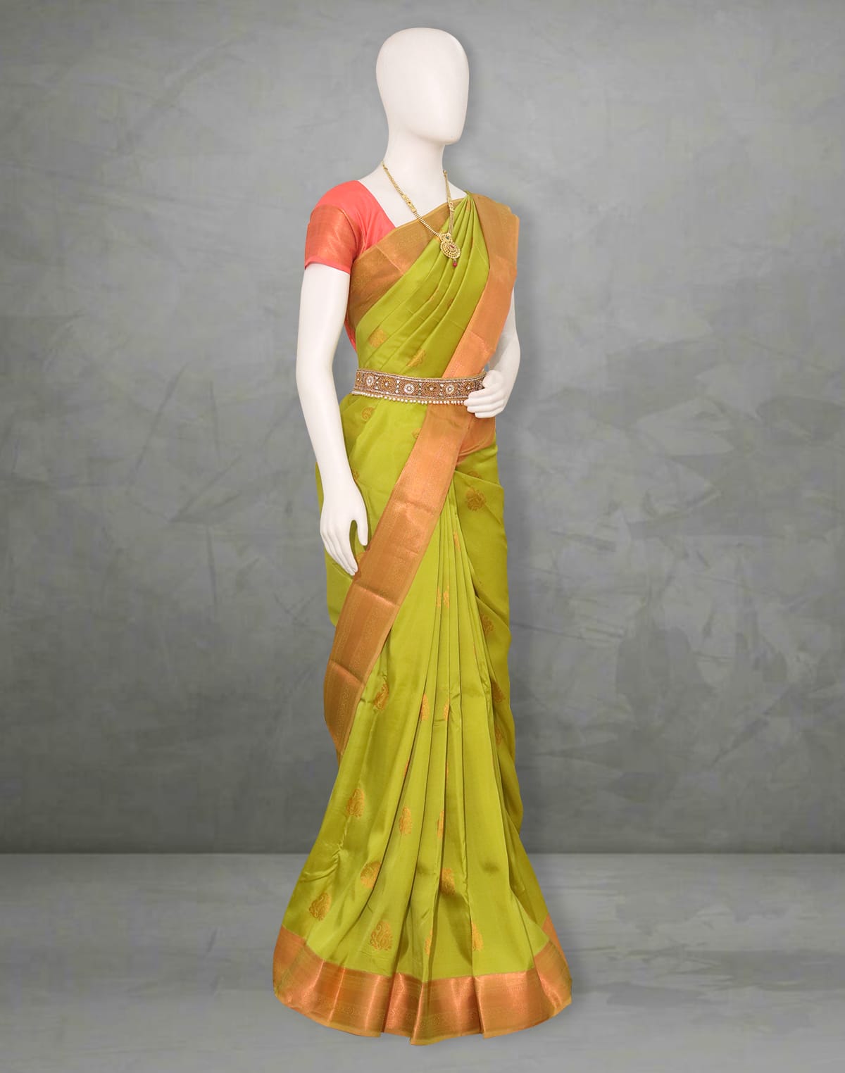 Collection of Parrot Green Butta light weight Kanchi Pattu Saree with Copper Zari Border in a gallery layout