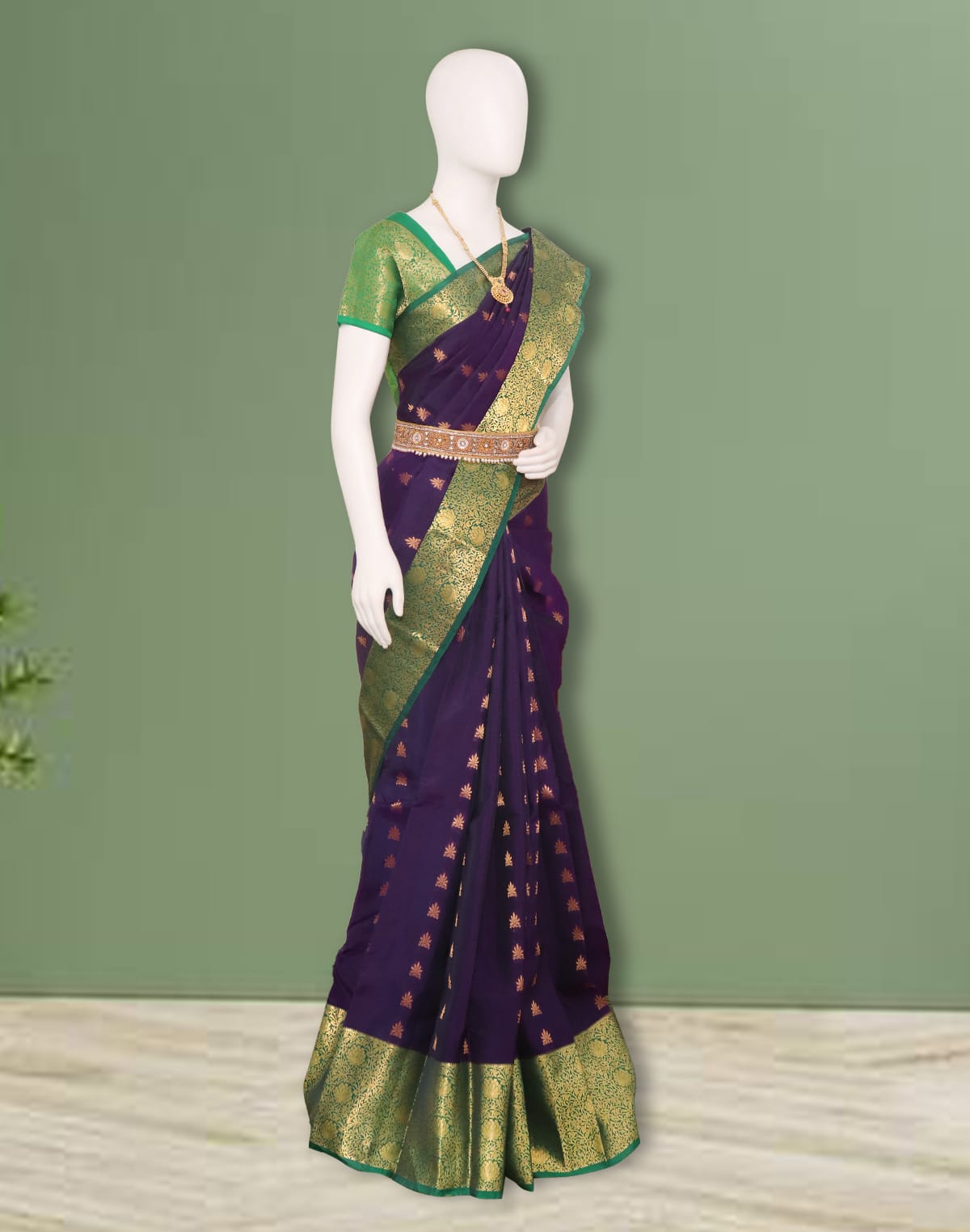 Collection of Exclusive Violet Coloured Floral Kanchi Pattu Silk Saree in a gallery layout