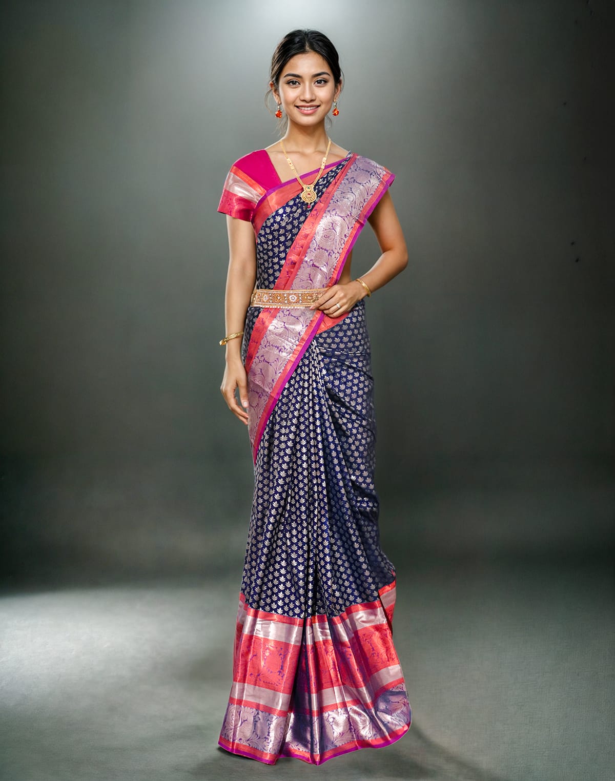 Collection of Navy Blue Silver Brocade Kanchi Pattu Silk Saree in a gallery layout