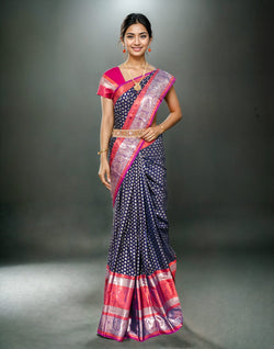 Collection of Navy Blue Silver Brocade Kanchi Pattu Silk Saree in a gallery layout