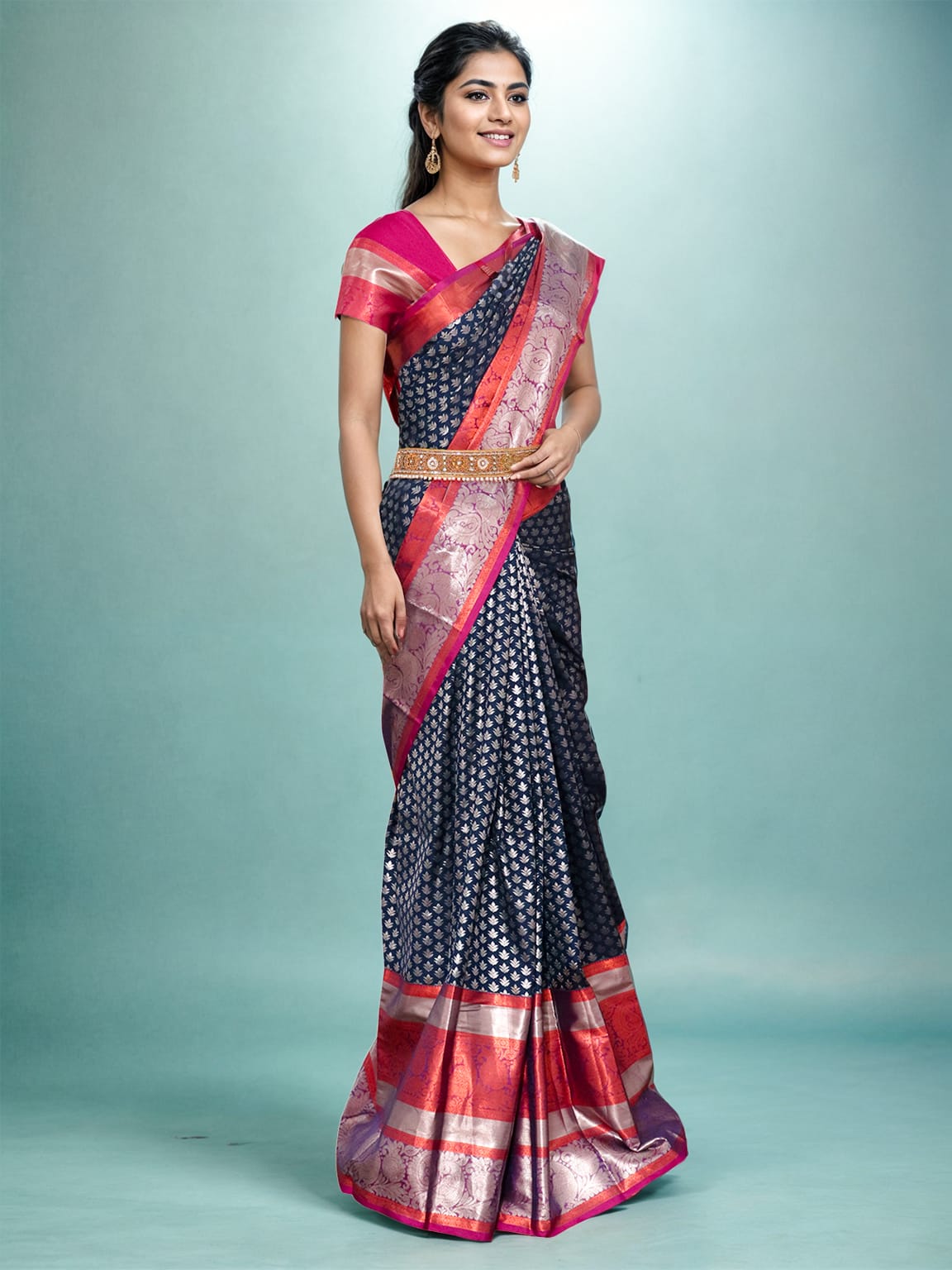 Collection of Navy Blue Silver Brocade Kanchi Pattu Silk Saree in a gallery layout