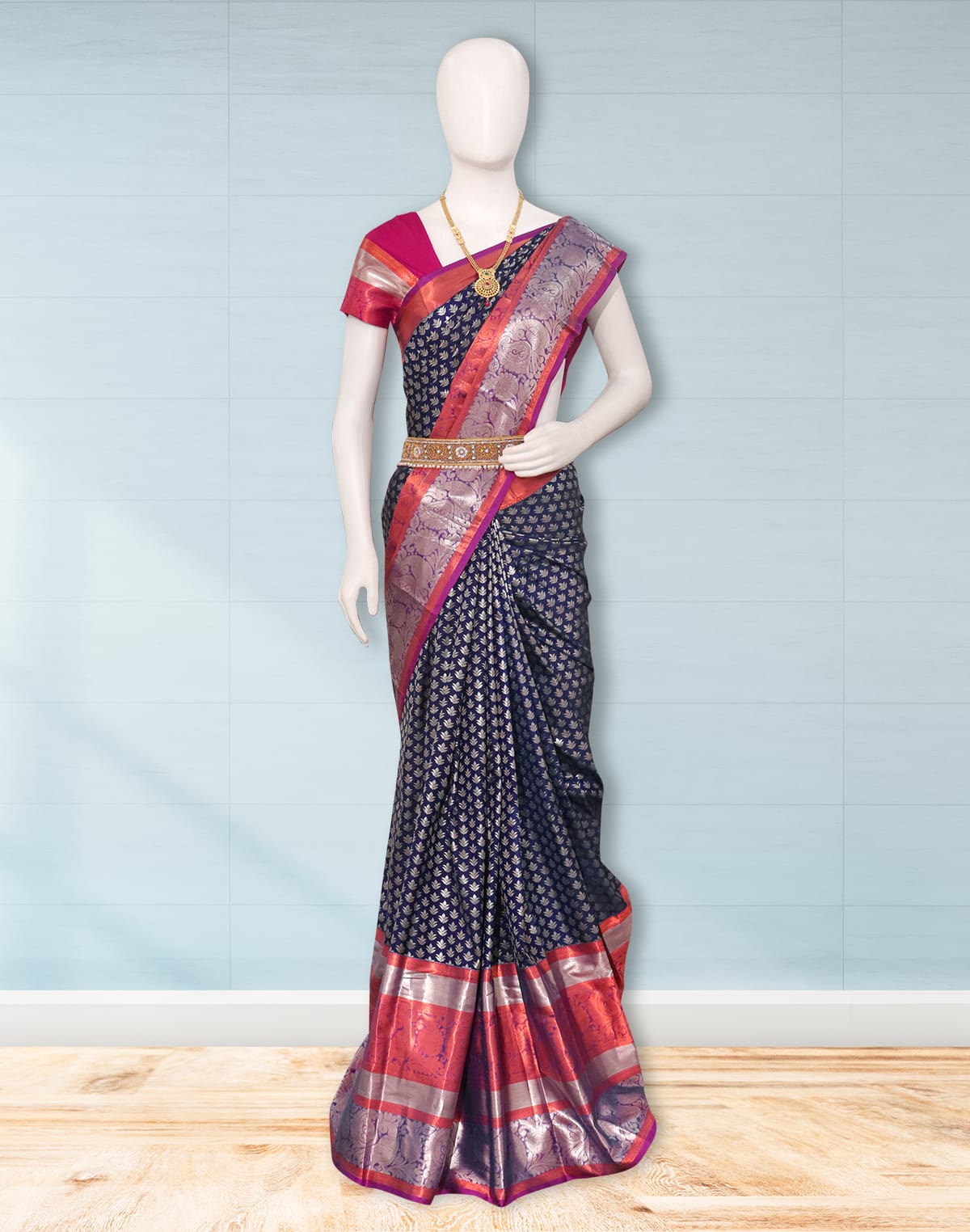 Collection of Navy Blue Silver Brocade Kanchi Pattu Silk Saree in a gallery layout