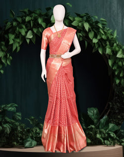 Collection of Elegant Peach Brocade design Kanchi Pattu Self Border Saree in a gallery layout