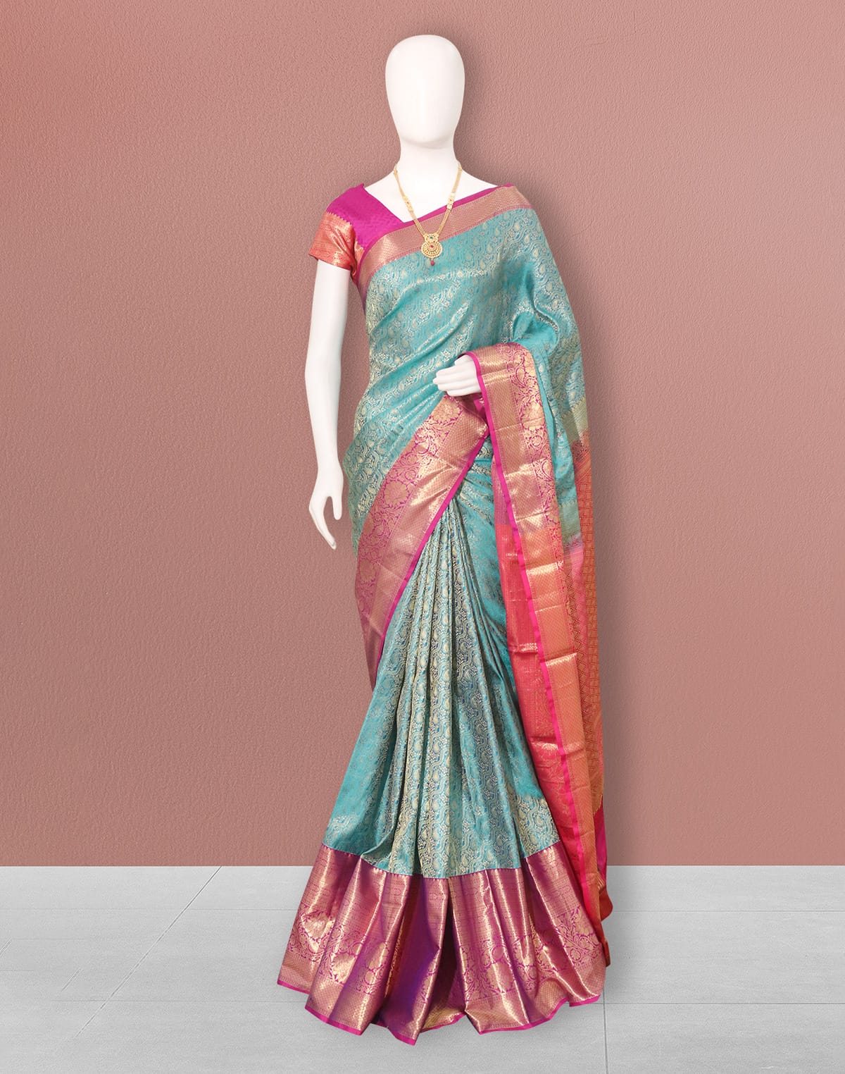 Sky Blue all over floral design Contrast Zari Border Saree