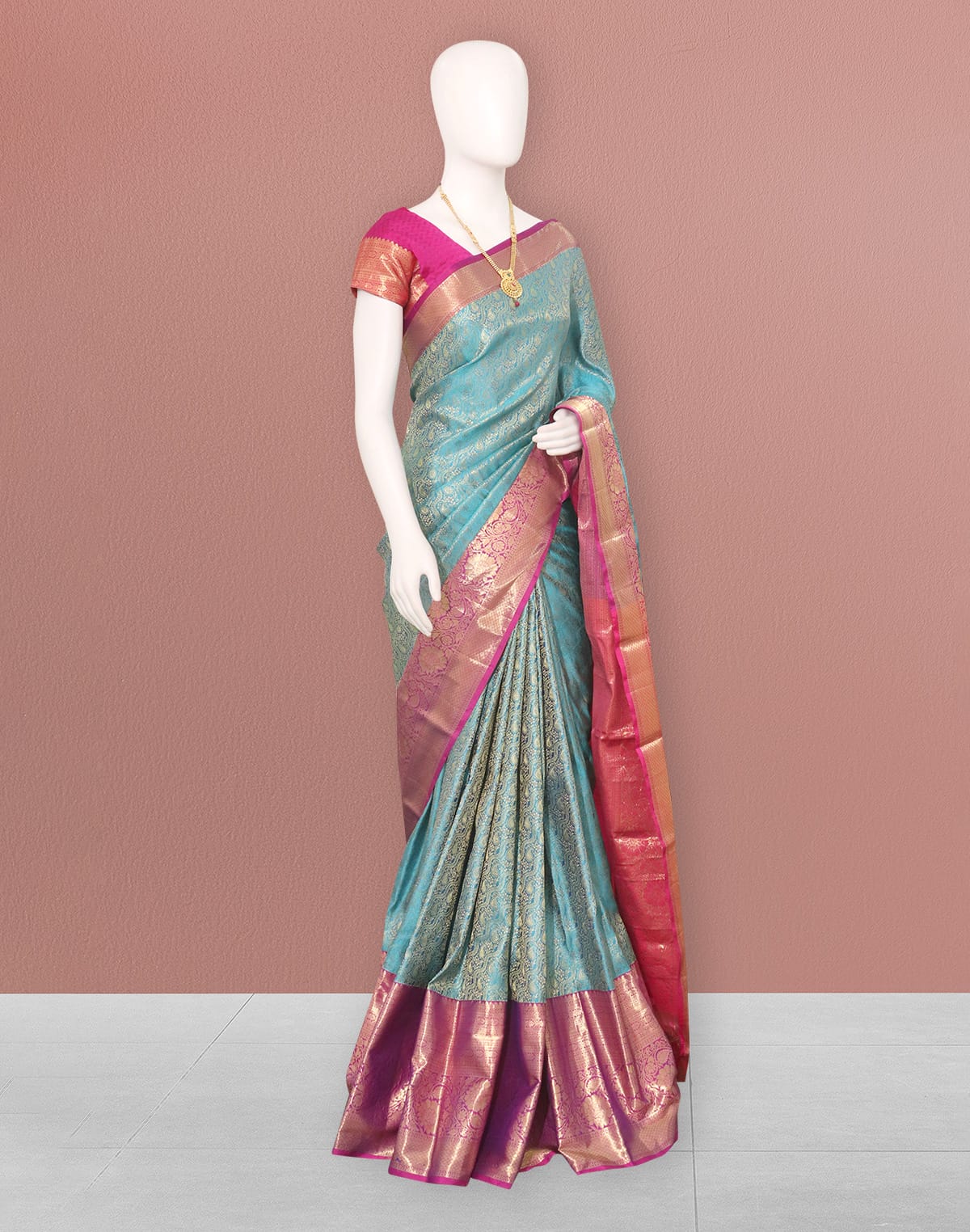 Sky Blue all over floral design Contrast Zari Border Saree