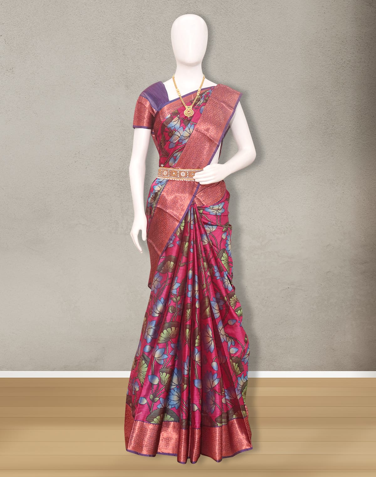 Kanchi Pink Colour Kalamkari Digital Print Saree with Copper Zari Border