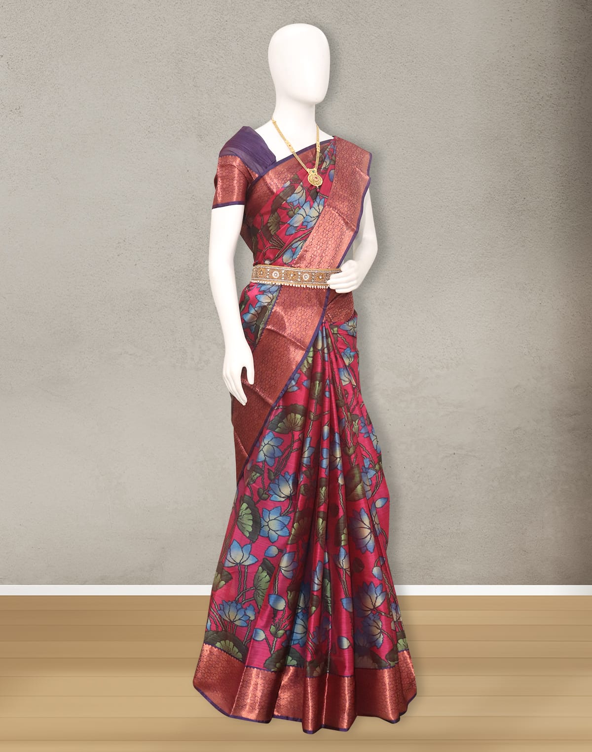 Kanchi Pink Colour Kalamkari Digital Print Saree with Copper Zari Border