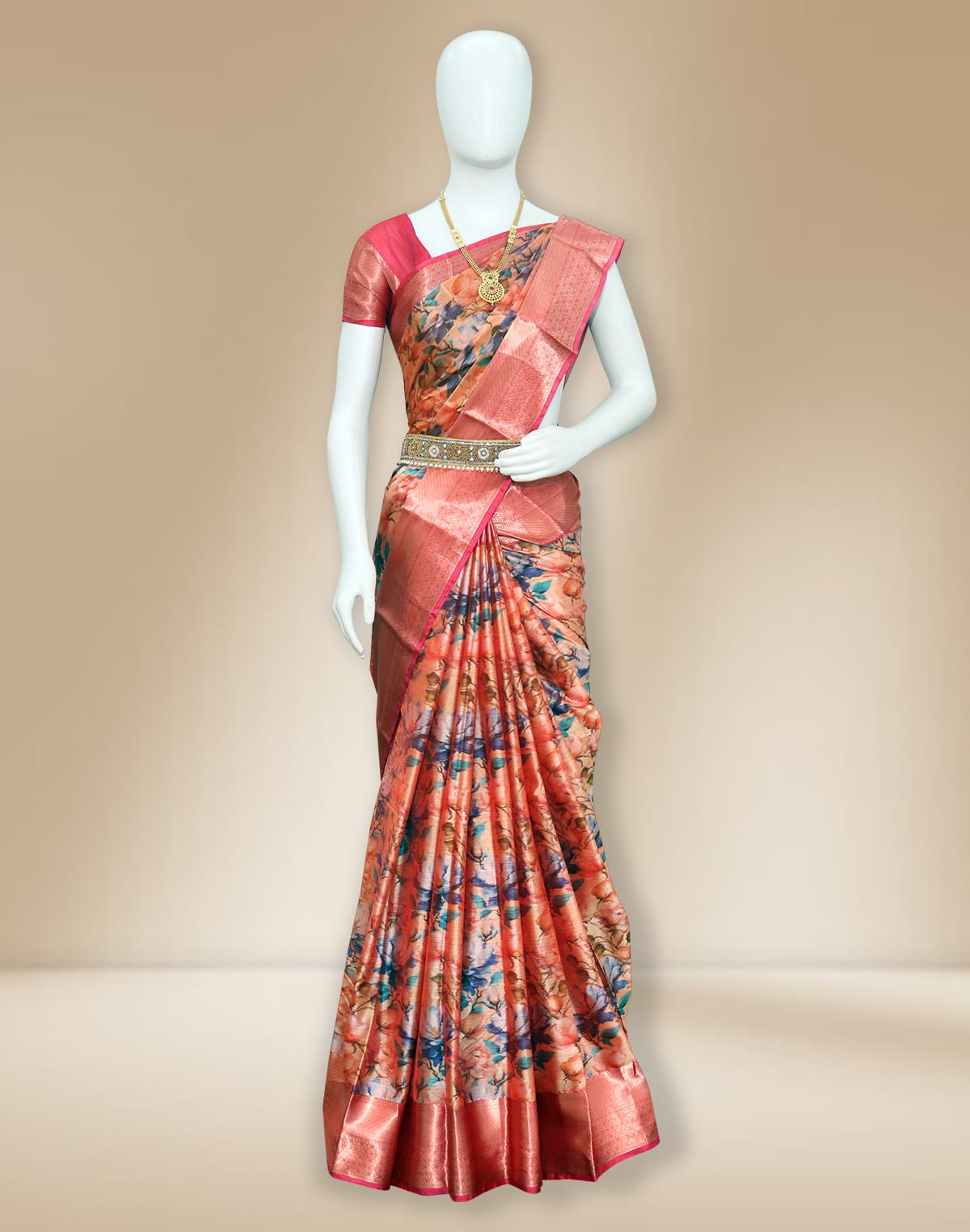 Light Orange Kalamkari ditital print Kanchi Pattu Saree