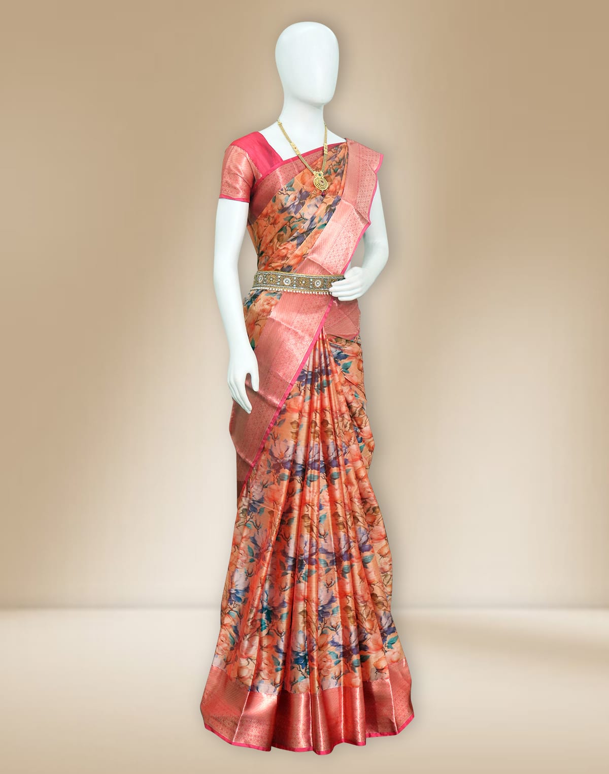 Collection of Light Orange Kalamkari ditital print Kanchi Pattu Saree in a gallery layout