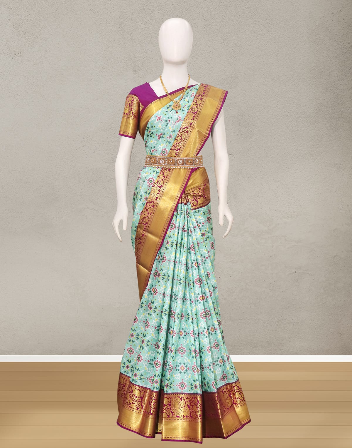 Collection of Pista Green Kanchi Kalamkari Digital Print Saree with Contrast Border in a gallery layout