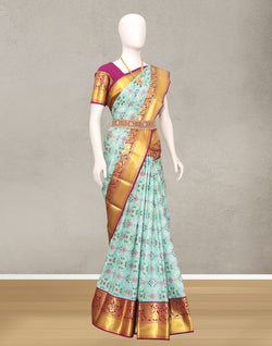 Collection of Pista Green Kanchi Kalamkari Digital Print Saree with Contrast Border in a gallery layout