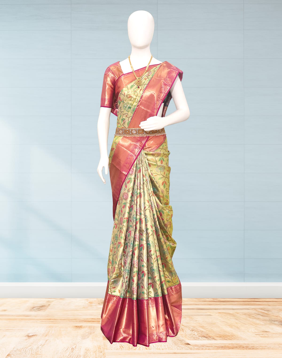 Collection of Light Green Floral Zari Silk Saree in a gallery layout