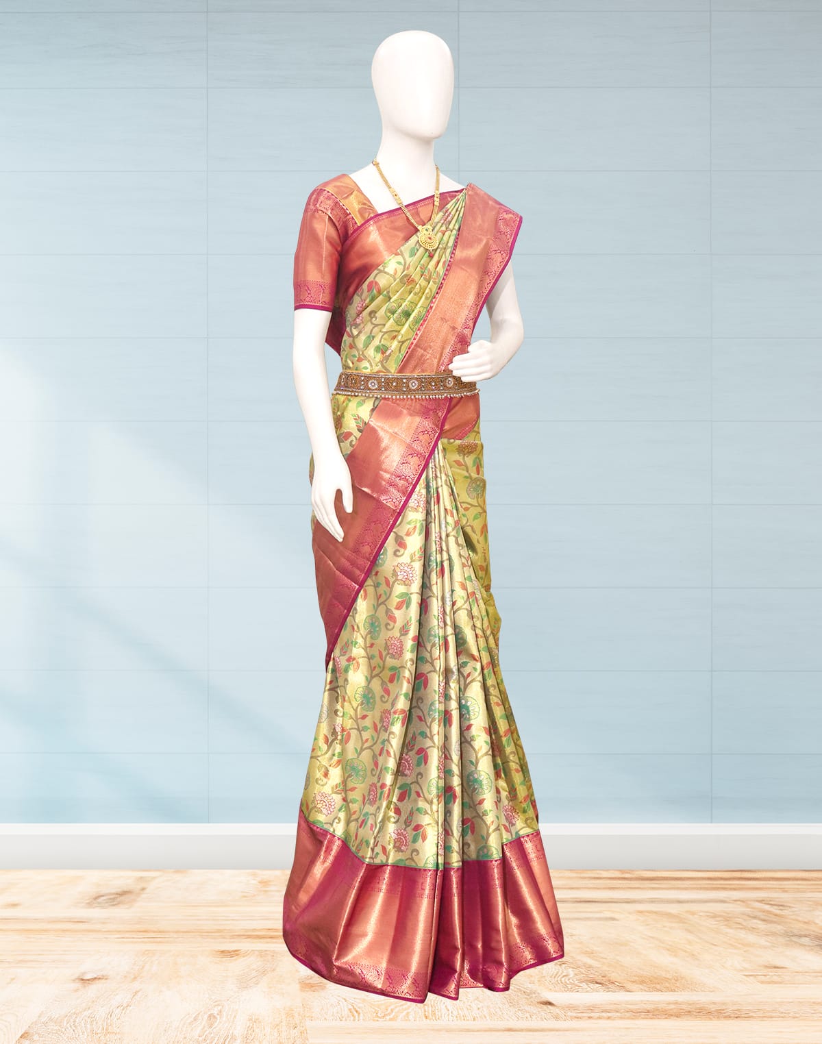 Collection of Light Green Floral Zari Silk Saree in a gallery layout