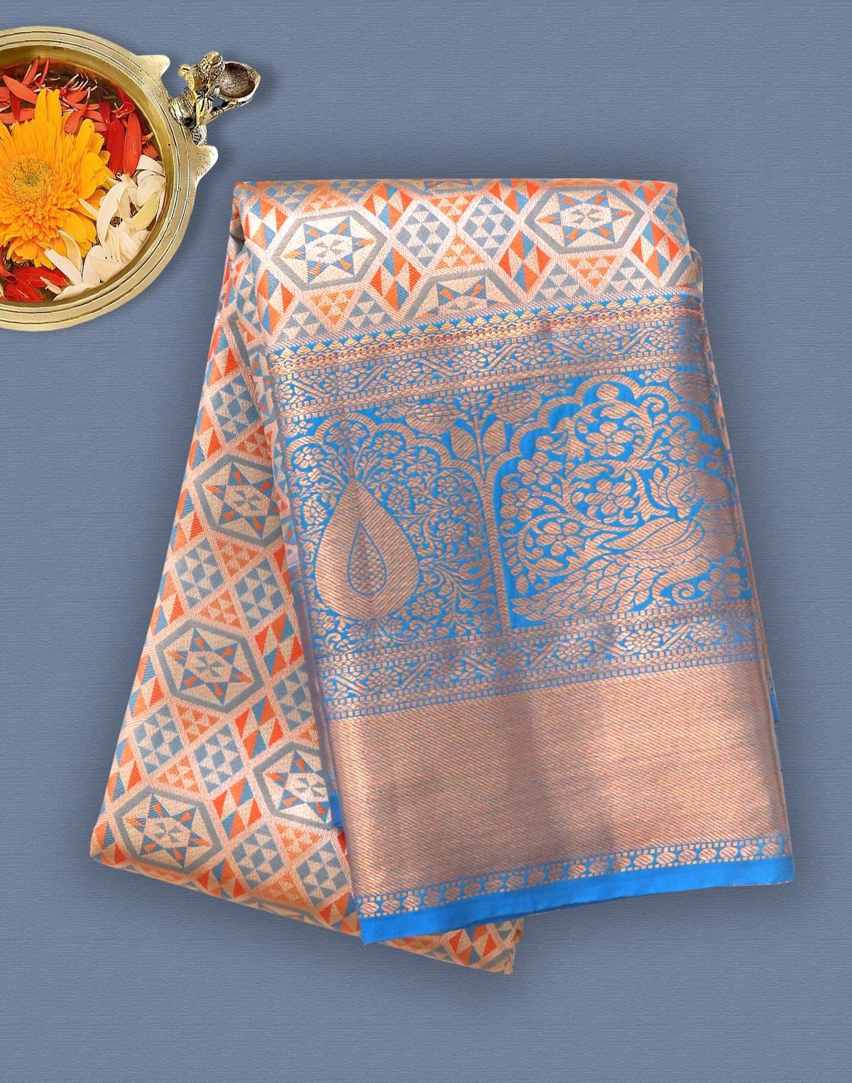 Collection of Light Orange Tissue Jaal Meenakari Silk Saree in a gallery layout