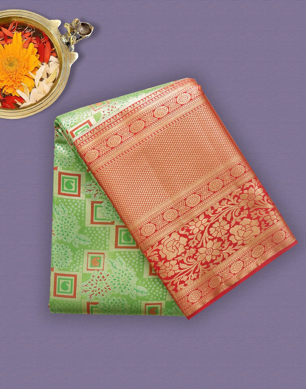 Parrot Green Floral Tissue Jaal Saree