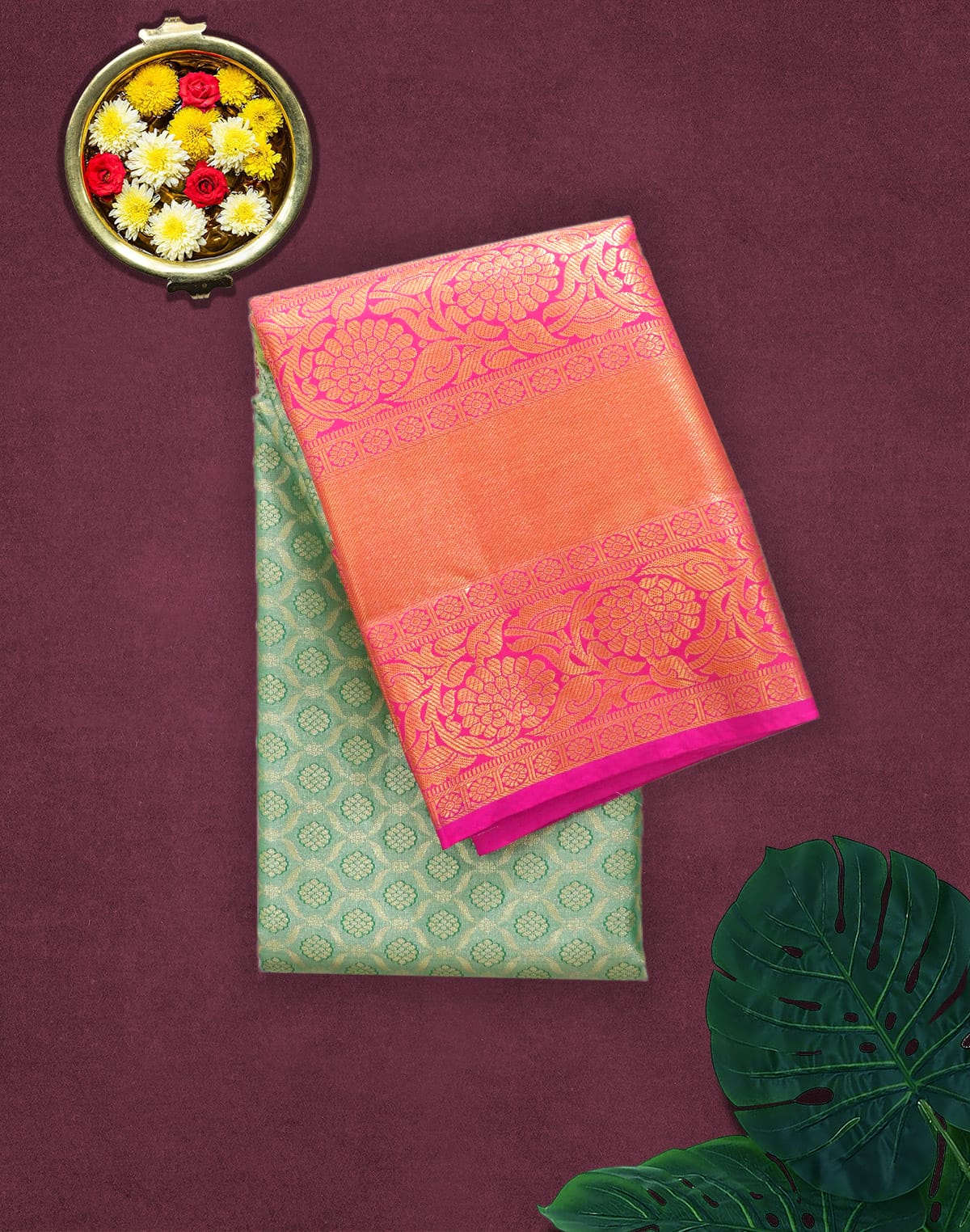 Collection of Parrot Green Tissue Silk Saree with Floral Jaal Weaving in a gallery layout