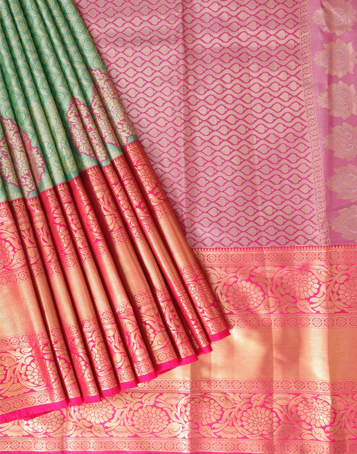 Collection of Parrot Green Tissue Silk Saree with Floral Jaal Weaving in a gallery layout