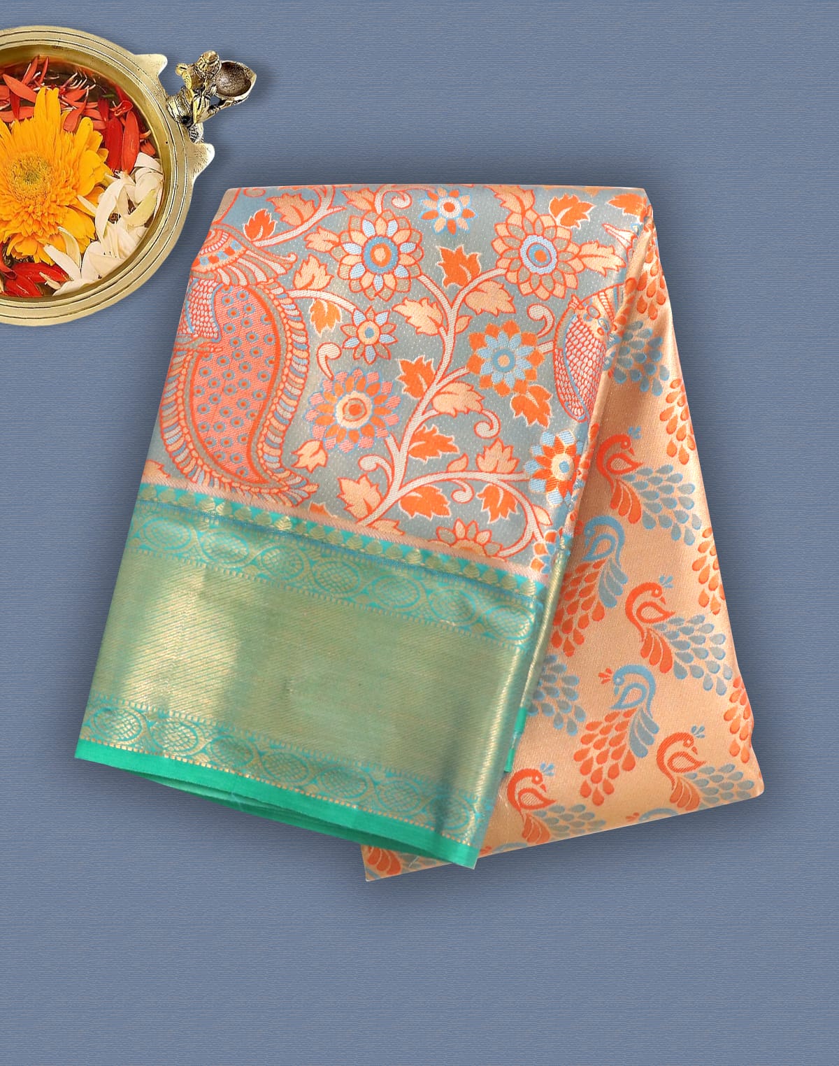 Orange and Sky Blue Tissue Jaal Weaving Saree