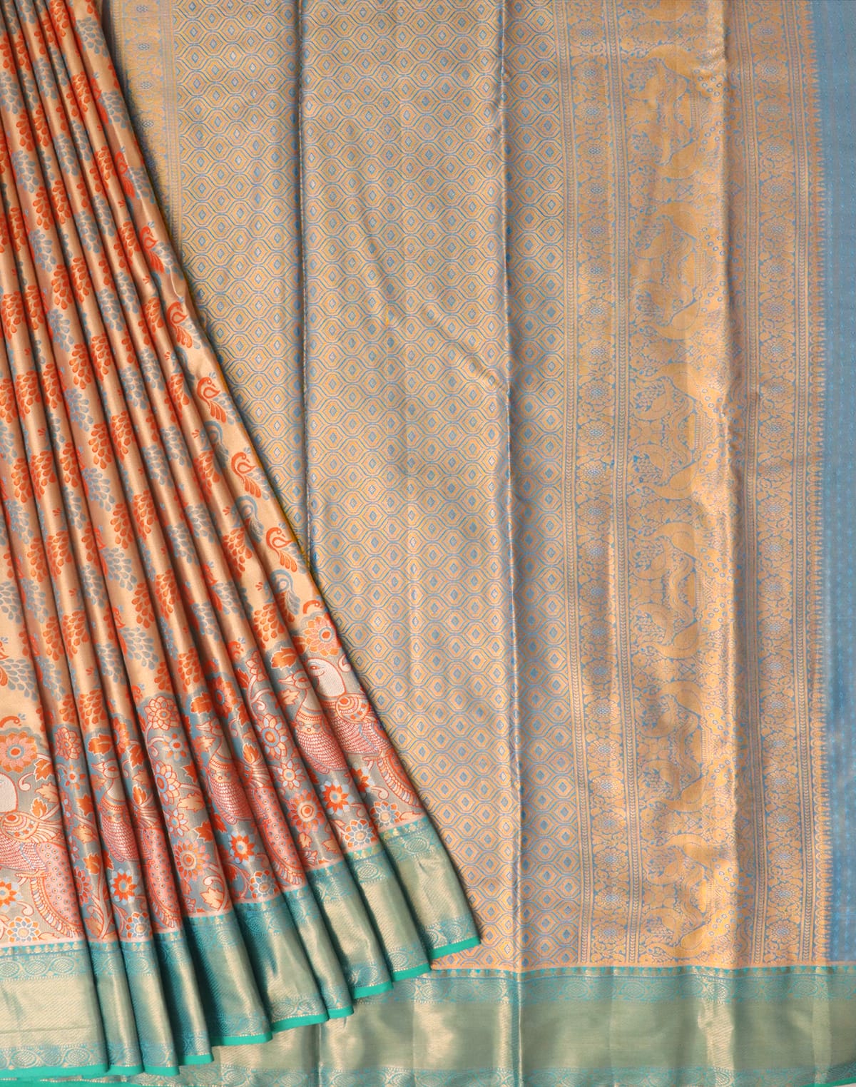 Collection of Orange and Sky Blue Tissue Jaal Weaving Saree in a gallery layout