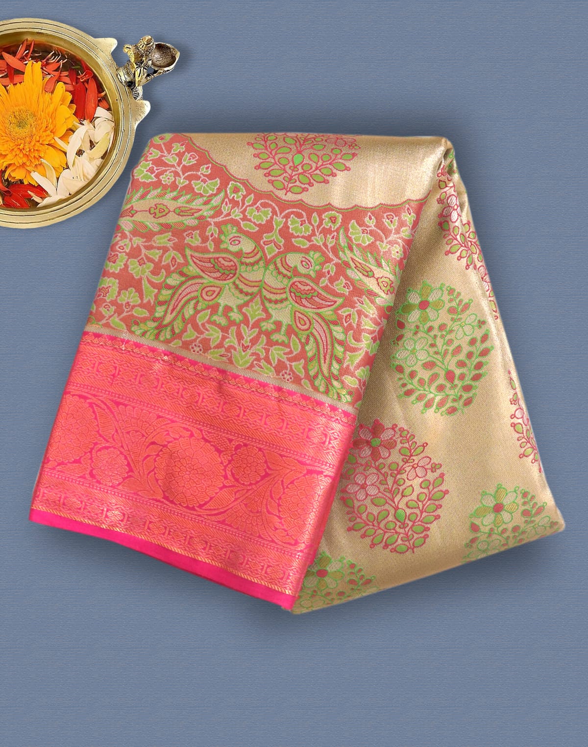 Collection of Green Coloured Floral Jaal Weaving Saree in a gallery layout