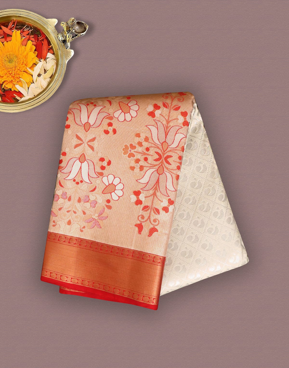 Off White all over Silver Brocade Contrast Border Saree