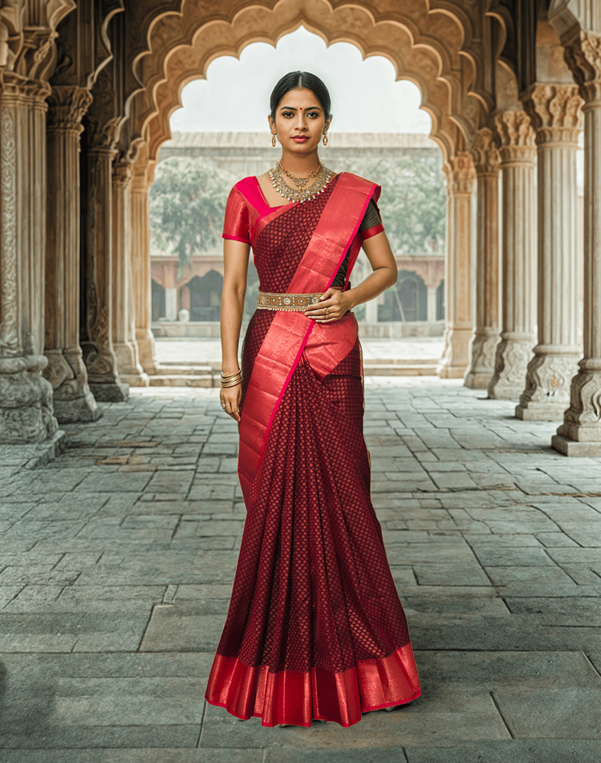 Maroon Floral Motifs Silk Saree