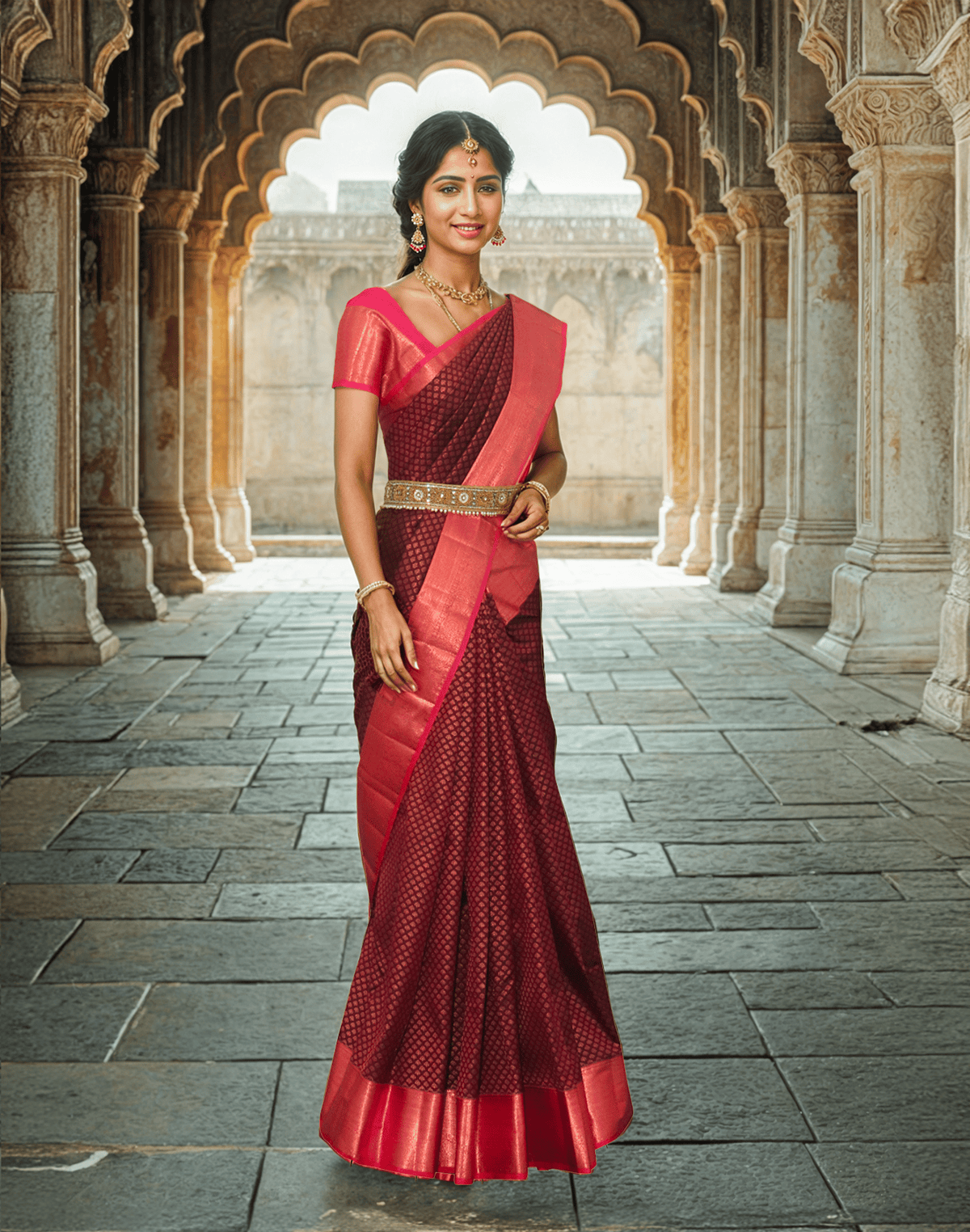 Collection of Maroon Floral Motifs Silk Saree in a gallery layout