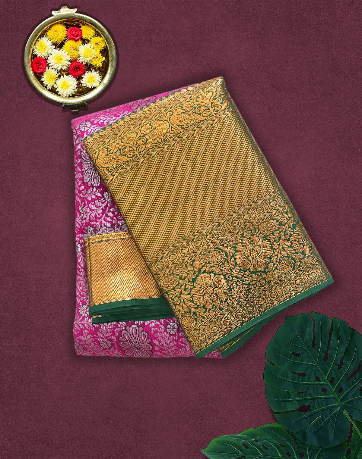 Collection of Magenta Floral Silk Saree with Copper Zari Border in a gallery layout