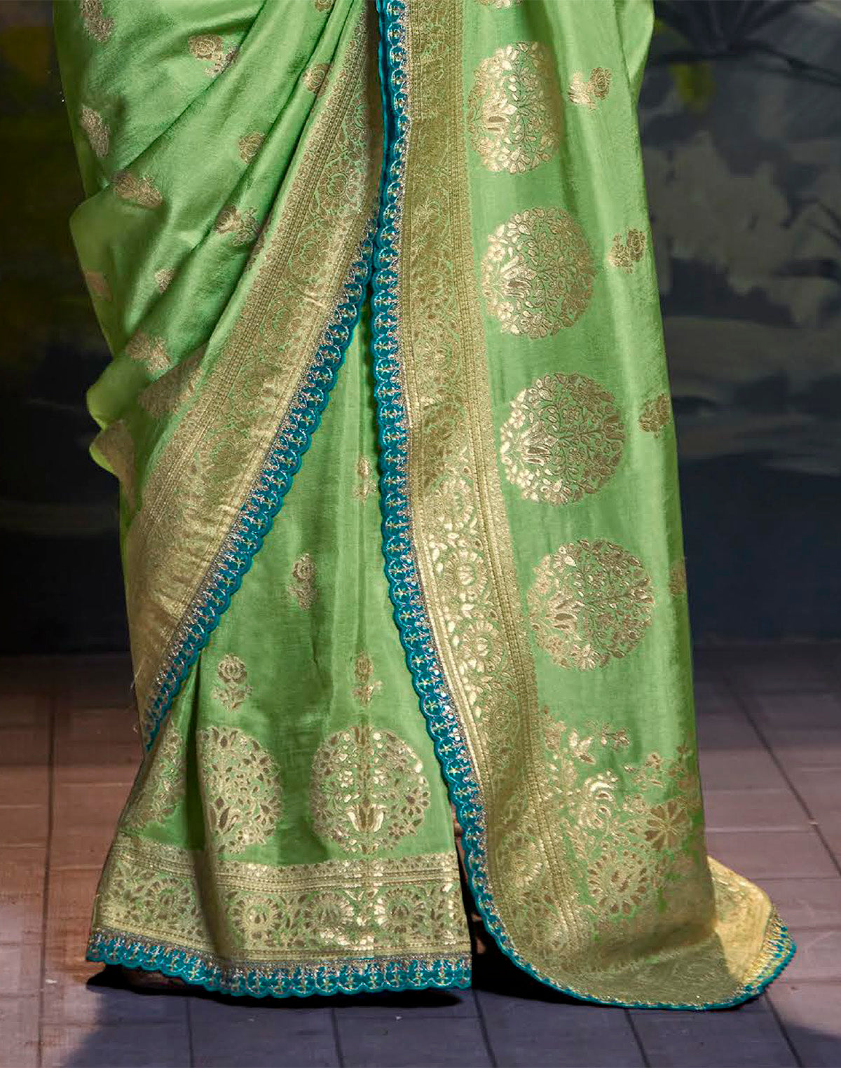 Collection of Pista Green Pure Dola Silk Saree With Designer Blue Embroidery Work Blouse in a gallery layout