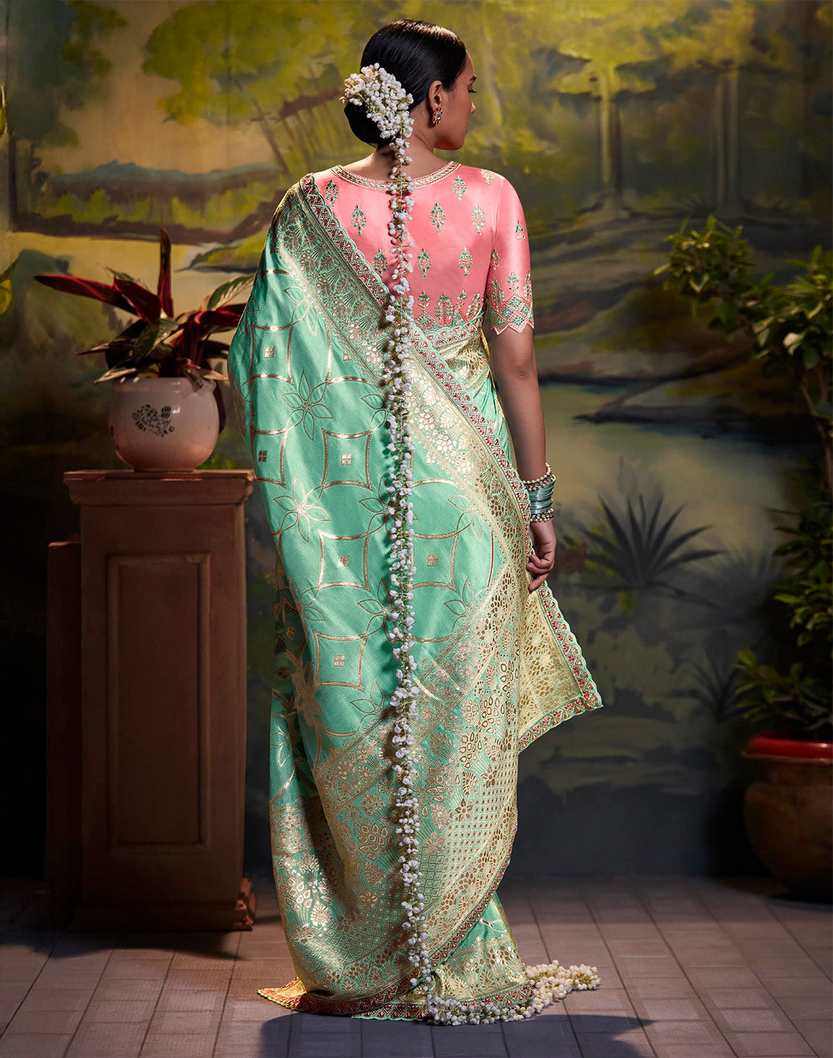 Collection of Sea Green Pure Dola Silk Saree With Fancy Lace Border and Embroidery Work Blouse in a gallery layout