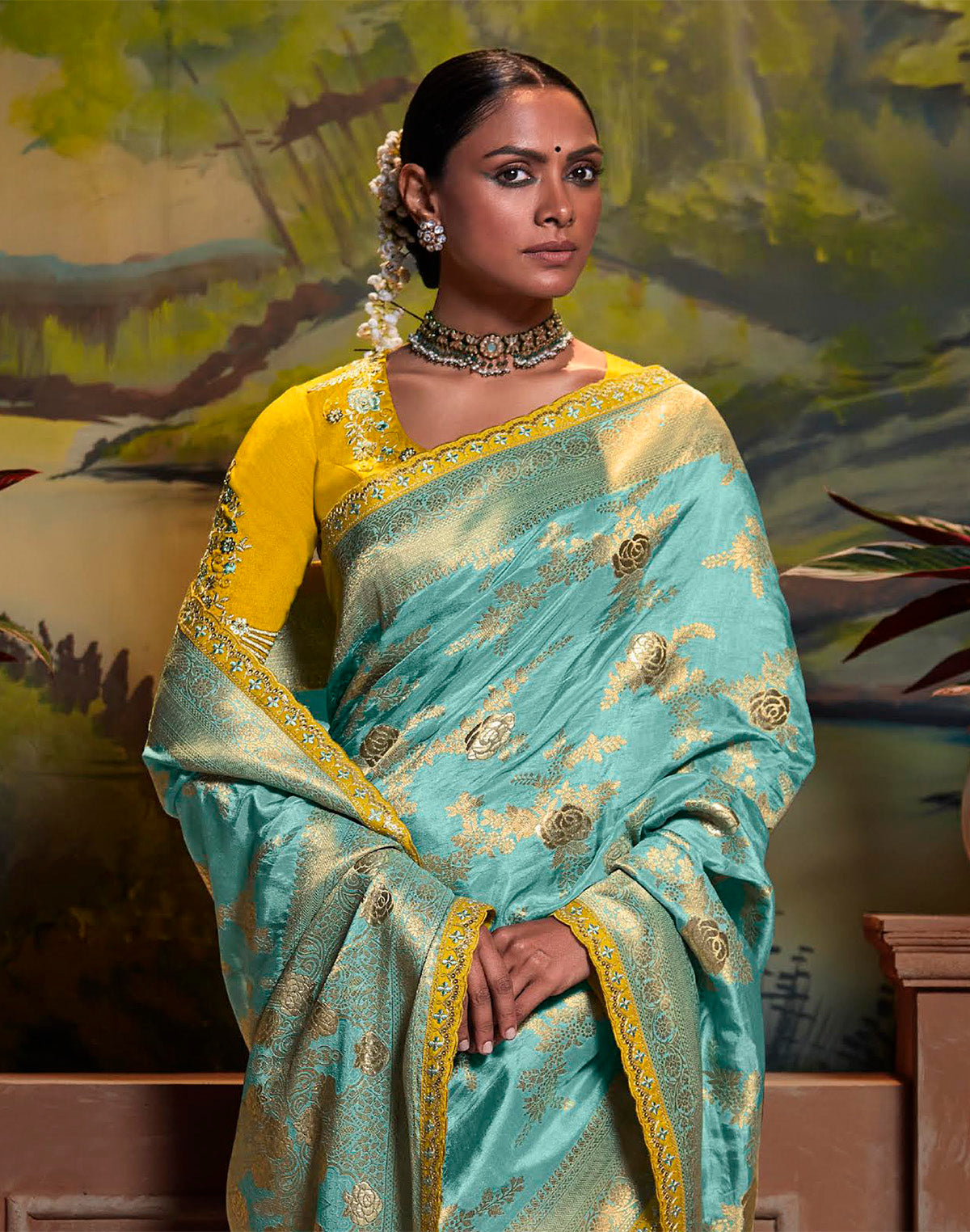 Collection of Aqua Blue Pure Dola Silk Floral Saree With Fancy Lace Border and Embroidery Work Blouse in a gallery layout