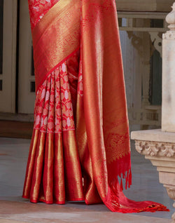 Collection of Red Kanchipuram Pure Silk Self Blouse and Self Saree in a gallery layout