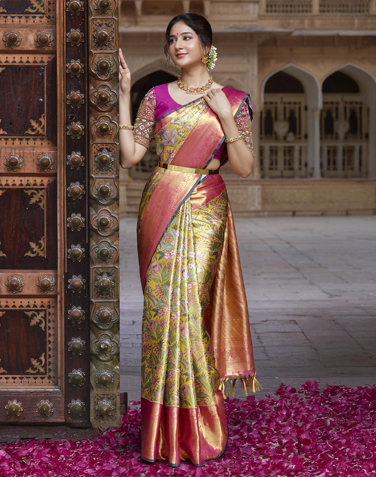 Mustard Floral Design Kanchipuram Pure Silk Contrast Border Saree